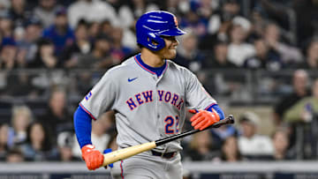 Bronx, New York, USA; New York Mets outfielder Juan Soto (22) reacts after a walk against the New York Yankees during the fifth inning at Yankee Stadium.