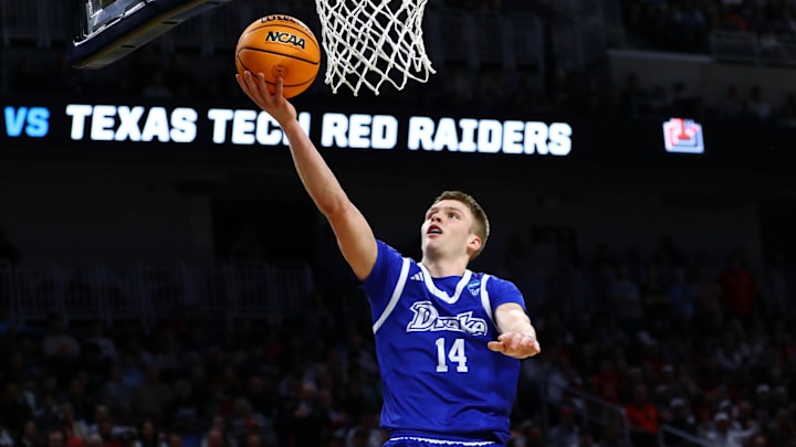 Mar 22, 2025; Wichita, KS, USA; Drake Bulldogs guard Bennett Stirtz (14) shoots the ball against the Texas Tech Red Raiders during the second half at Intrust Bank Arena. Mandatory Credit: Nick Tre. Smith-Imagn Images Mar 22, 2025; Wichita, KS, USA; Drake Bulldogs guard Bennett Stirtz (14) shoots the ball against the Texas Tech Red Raiders during the second half at Intrust Bank Arena. Mandatory Credit: Nick Tre. Smith-Imagn Images