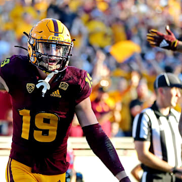 Nov 27, 2021; Tempe, Arizona, USA; Arizona State Sun Devils wide receiver Ricky Pearsall (19) celebrates scoring a touchdown during the second half against the Arizona Wildcats at Sun Devil Stadium. Mandatory Credit: Mark J. Rebilas-Imagn Images