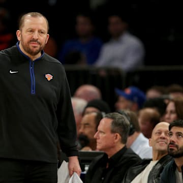 New York Knicks head coach Tom Thibodeau coaches against the San Antonio Spurs. Mandatory Credit: Brad Penner-Imagn Images