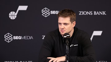Feb 8, 2025; Inglewood, California, USA;  Utah Jazz Head Coach Will Hardy speaks to media prior to a game against the Los Angeles Clippers at Intuit Dome. Mandatory Credit: Kiyoshi Mio-Imagn Images