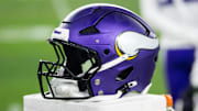 Jan 13, 2025; Glendale, AZ, USA; Detailed view of a Minnesota Vikings helmet during an NFC wild card game at State Farm Stadium. Mandatory Credit: Mark J. Rebilas-Imagn Images