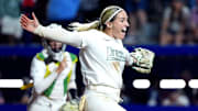 Oregon's Lyndsey Grein (33) celebrates an out in the 9th inning of the Women's College World Series softball game between the Oregon Ducks and the Ole Miss Rebels at Devon Park in Oklahoma City, Saturday, May, 31, 2025.