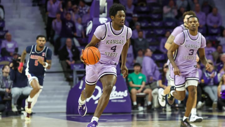 Kansas State guard Mobi Ikegwuruka brings the ball up court during a recent game. Kansas State guard Mobi Ikegwuruka brings the ball up court during a recent game.