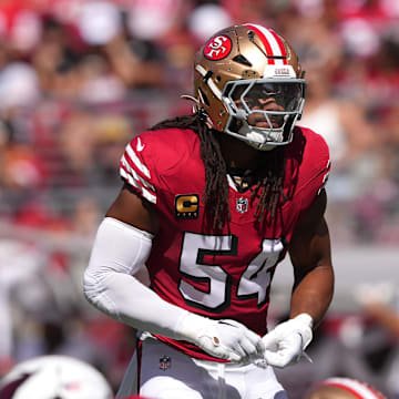 Oct 6, 2024; Santa Clara, California, USA; San Francisco 49ers linebacker Fred Warner (54) during the first quarter against the Arizona Cardinals at Levi's Stadium. Mandatory Credit: Darren Yamashita-Imagn Images