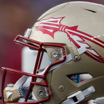 Nov 4, 2023; Pittsburgh, Pennsylvania, USA;  A Florida State Seminoles helmet on the sidelines against the Pittsburgh Panthers during the second quarter at Acrisure Stadium. Mandatory Credit: Charles LeClaire-Imagn Images