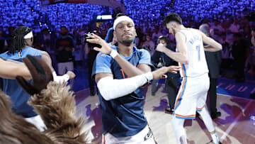Apr 20, 2025; Oklahoma City, Oklahoma, USA; Oklahoma City Thunder guard Shai Gilgeous-Alexander (2) during introductions before a game against the Memphis Grizzlies at Paycom Center. Mandatory Credit: Alonzo Adams-Imagn Images