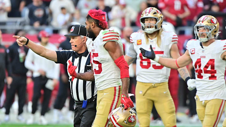 Jan 5, 2025; Glendale, Arizona, USA; San Francisco 49ers wide receiver Jauan Jennings (15) is ejected in the first half against the Arizona Cardinals at State Farm Stadium. Mandatory Credit: Matt Kartozian-Imagn Images Jan 5, 2025; Glendale, Arizona, USA; San Francisco 49ers wide receiver Jauan Jennings (15) is ejected in the first half against the Arizona Cardinals at State Farm Stadium. Mandatory Credit: Matt Kartozian-Imagn Images