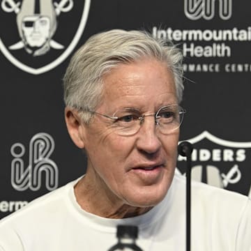 Las Vegas Raiders head coach Pete Carroll at a news conference introducing Ashton Jeanty as the first round draft pick in the 2025 NFL Draft.