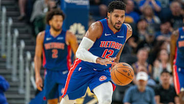 Oct 13, 2024; San Francisco, California, USA;  Detroit Pistons forward Tobias Harris (12) starts a fast break against the Golden State Warriors during the first quarter at Chase Center. Mandatory Credit: Neville E. Guard-Imagn Images