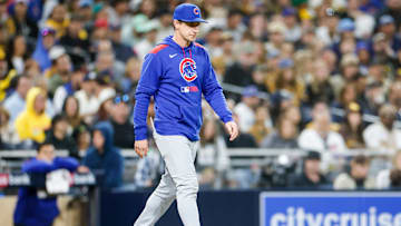Apr 14, 2025; San Diego, California, USA;  Chicago Cubs manager Craig Counsell (11) walks to the mound to make a pitching change during the seventh inning against the San Diego Padres at Petco Park. Mandatory Credit: David Frerker-Imagn Images