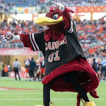 Dec 31, 2024; Orlando, FL, USA; South Carolina Gamecocks mascot dancing during a timeout against the Illinois Fighting Illini in the third quarter at Camping World Stadium. Mandatory Credit: Jeremy Reper-Imagn Images