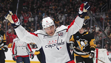 Feb 22, 2025; Pittsburgh, Pennsylvania, USA; Washington Capitals defenseman Jakob Chychrun (6) reacts after scoring a goal against the Pittsburgh Penguins during the second period at PPG Paints Arena. Mandatory Credit: Charles LeClaire-Imagn Images