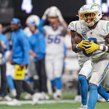 Los Angeles Chargers safety Derwin James Jr. reacts after making an interception against the Atlanta Falcons during the second half at Mercedes-Benz Stadium. 