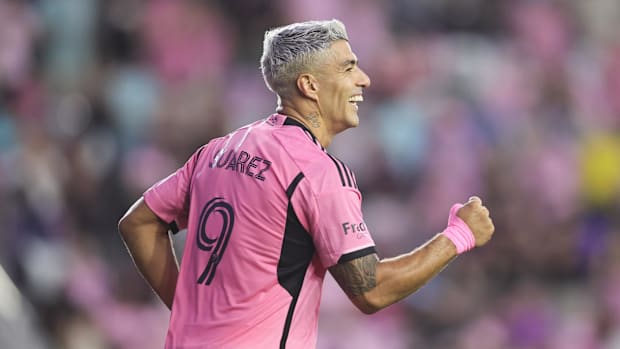 Inter Miami CF forward Luis Suarez (9) celebrates scoring during the first half against the New England Revolution.