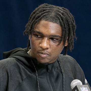 Miami quarterback Cam Ward talks to the press during the NFL Combine at Indiana Convention Center. Mandatory Credit: Stephanie Amador Blondet-Imagn Images
