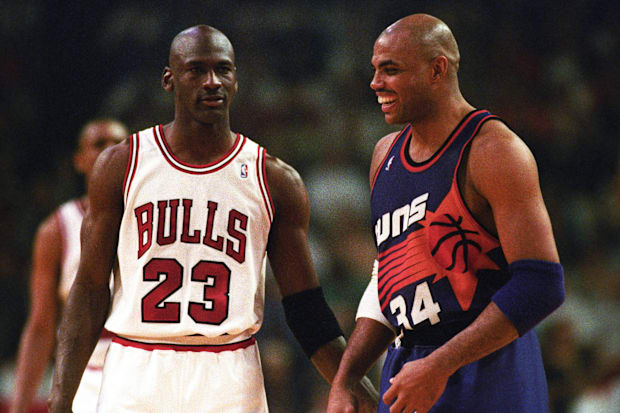 Michael Jordan and Charles Barkley during the 1993 NBA Finals in Chicago.