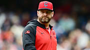 May 28, 2025; Cleveland, Ohio, USA; Cleveland Guardians manager Stephen Vogt (12) walks back to the dugout during the seventh inning against the Los Angeles Dodgers at Progressive Field. Mandatory Credit: Ken Blaze-Imagn Images