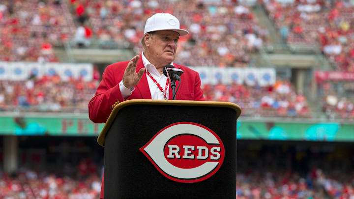 Cincinnati Reds hall of famer Pete Rose speaks during a pregame ceremony for the unveiling of Pete Rose's bronze statue being installed outside the stadium before the MLB National League game between the Cincinnati Reds and the Los Angeles Dodgers at Great American Ball Park in downtown Cincinnati on Saturday, June 17, 2017. Cincinnati Reds hall of famer Pete Rose speaks during a pregame ceremony for the unveiling of Pete Rose's bronze statue being installed outside the stadium before the MLB National League game between the Cincinnati Reds and the Los Angeles Dodgers at Great American Ball Park in downtown Cincinnati on Saturday, June 17, 2017.