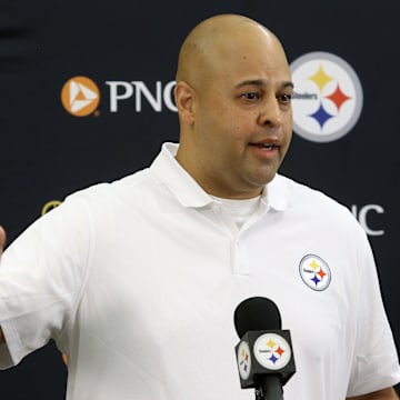 Jul 27, 2023; Latrobe, PA, USA;  Pittsburgh Steelers general manager Omar Khan addresses the media prior to the start of training camp at Saint Vincent College. Mandatory Credit: Charles LeClaire-Imagn Images