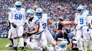 Detroit Lions wide receiver Amon-Ra St. Brown celebrates a touchdown against Chicago Bears.