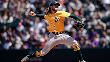 Apr 6, 2025; Denver, Colorado, USA; Athletics starting pitcher Joey Estes (68) pitches in the first inning against the Colorado Rockies at Coors Field. Mandatory Credit: Isaiah J. Downing-Imagn Images