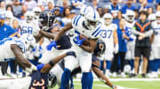 Aug 19, 2023; Indianapolis, IN; Indianapolis Colts running back Deon Jackson (35) runs the ball while Chicago Bears safety Elijah Hicks (37) defends in the first quarter at Lucas Oil Stadium.  