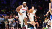 Apr 3, 2025; Philadelphia, Pennsylvania, USA; Philadelphia 76ers forward Guerschon Yabusele (28) controls the ball against the Milwaukee Bucks in the fourth quarter at Wells Fargo Center. Mandatory Credit: Kyle Ross-Imagn Images
