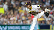 May 13, 2025; San Diego, California, USA; San Diego Padres starting pitcher Dylan Cease (84) throws a pitch during the fifth inning against the Los Angeles Angels at Petco Park. Mandatory Credit: David Frerker-Imagn Images