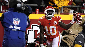 Jan 16, 2022; Kansas City, Missouri, USA; Kansas City Chiefs wide receiver Tyreek Hill (10) celebrates after a touchdown catch during the second half against the Pittsburgh Steelers in an AFC Wild Card playoff football game at GEHA Field at Arrowhead Stadium. Mandatory Credit: Denny Medley-Imagn Images