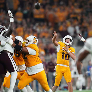 Arizona State Sun Devils quarterback Sam Leavitt (10) throws the ball against the Mississippi State Bulldogs at Mountain America Stadium on Sept. 7, 2024, in Tempe.