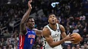 Nov 13, 2024; Milwaukee, Wisconsin, USA;  Milwaukee Bucks forward Giannis Antetokounmpo (34) drives for the basket during the first quarter against the Detroit Pistons at Fiserv Forum. Mandatory Credit: Jeff Hanisch-Imagn Images