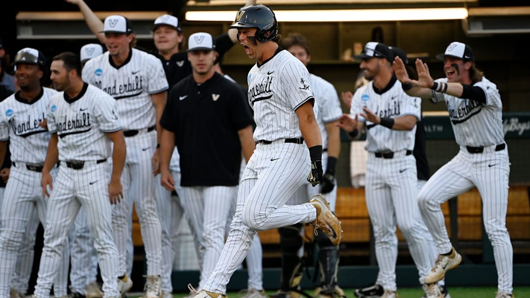 Vanderbilt’s Riley Nelson celebrates after hitting a 2-run homer giving Vanderbilt the lead in the bottom of the eighth inning of the Nashville Regional NCAA Baseball Tournament game against Wright State at Hawkins Field Friday, May 30, 2025, in Nashville, Tenn. Vanderbilt won 4-3. Vanderbilt’s Riley Nelson celebrates after hitting a 2-run homer giving Vanderbilt the lead in the bottom of the eighth inning of the Nashville Regional NCAA Baseball Tournament game against Wright State at Hawkins Field Friday, May 30, 2025, in Nashville, Tenn. Vanderbilt won 4-3.