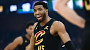 May 13, 2025; Cleveland, Ohio, USA; Cleveland Cavaliers guard Donovan Mitchell (45) reacts during the first half against the Indiana Pacers in game five of the second round for the 2025 NBA Playoffs at Rocket Arena. Mandatory Credit: Ken Blaze-Imagn Images