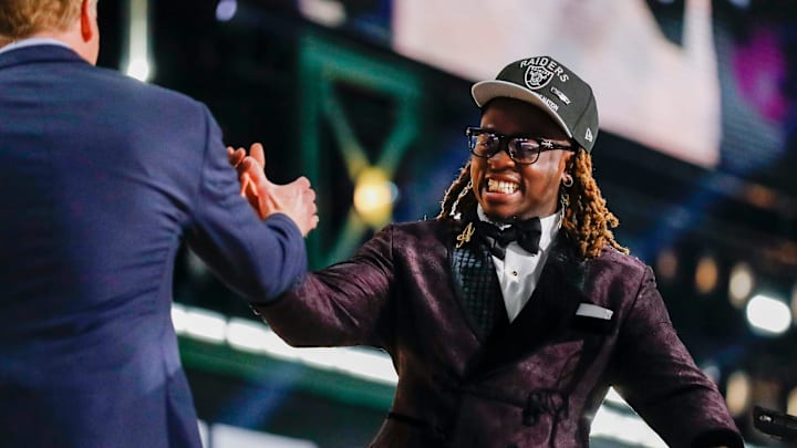 Ashton Jeanty shakes hands with NFL Commissioner Roger Goodell after being selected by the Las Vegas Raiders in the NFL Draft. Ashton Jeanty shakes hands with NFL Commissioner Roger Goodell after being selected by the Las Vegas Raiders in the NFL Draft.