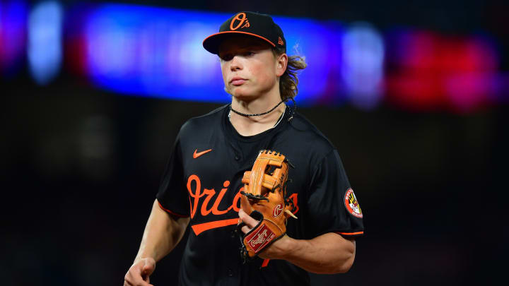 Apr 23, 2024; Anaheim, California, USA; Baltimore Orioles second baseman Jackson Holliday (7) returns to the dugout following the fourth inning against the Los Angeles Angels at Angel Stadium. Mandatory Credit: Gary A. Vasquez-USA TODAY Sports