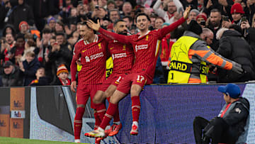 Liverpool FC v LOSC Lille - UEFA Champions League 2024/25 League Phase MD7 LIVERPOOL, ENGLAND - JANUARY 21: Mohamed Salah of Liverpool celebrates scoring the first goal with Darwin Nunez and Curtis Jones during the UEFA Champions League 2024/25 League Phase MD7 match between Liverpool FC and LOSC Lille at Anfield on January 21, 2025 in Liverpool, England.