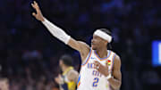 Oklahoma City Thunder guard Shai Gilgeous-Alexander celebrates scoring a basket.