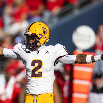 Nov 30, 2024; Tucson, Arizona, USA; Arizona State Sun Devils defensive back Xavion Alford (2) against the Arizona Wildcats during the Territorial Cup at Arizona Stadium. Mandatory Credit: Mark J. Rebilas-Imagn Images
