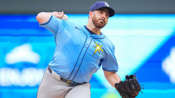 Jun 18, 2024; Minneapolis, Minnesota, USA; Tampa Bay Rays pitcher Aaron Civale (34) pitches against the Minnesota Twins in the second inning at Target Field. Mandatory Credit: Brad Rempel-USA TODAY Sports