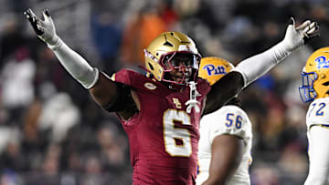 Nov 30, 2024; Chestnut Hill, Massachusetts, USA; Boston College Eagles defensive end Donovan Ezeiruaku (6) reacts after a sack against the Pittsburgh Panthers during the second half at Alumni Stadium. Mandatory Credit: Brian Fluharty-Imagn Images