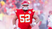 Jan 26, 2025; Kansas City, MO, USA; Kansas City Chiefs center Creed Humphrey (52) against the Buffalo Bills in the AFC Championship game at GEHA Field at Arrowhead Stadium. Mandatory Credit: Mark J. Rebilas-Imagn Images