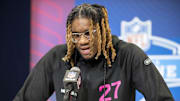 Feb 27, 2025; Indianapolis, IN, USA; East Carolina defensive back Shavon Revel (DB27) during the 2025 NFL Combine at Lucas Oil Stadium. Mandatory Credit: Tanner Pearson-Imagn Images