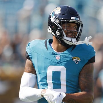 Oct 27, 2024; Jacksonville, Florida, USA; Jacksonville Jaguars wide receiver Gabe Davis (0) before the game against the Green Bay Packers at EverBank Stadium. Mandatory Credit: Morgan Tencza-Imagn Images