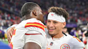 Oct 8, 2023; Minneapolis, Minnesota, USA; Kansas City Chiefs quarterback Patrick Mahomes (15) and defensive tackle Chris Jones (95) react after the game against the Minnesota Vikings at U.S. Bank Stadium. Mandatory Credit: Jeffrey Becker-Imagn Images