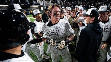 Vanderbilt third baseman Brodie Johnston (9) celebrates his walk-off grand slam against Xavier during the seventh inning at Hawkins Field in Nashville, Tenn., Friday, March 7, 2025. Vanderbilt won 15-3.