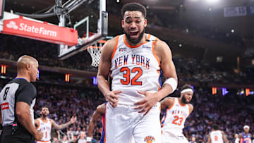 Apr 29, 2025; New York, New York, USA; New York Knicks center Karl-Anthony Towns (32) reacts after being called for a foul in the fourth quarter against the Detroit Pistons during game five of first round for the 2025 NBA Playoffs at Madison Square Garden. Mandatory Credit: Wendell Cruz-Imagn Images
