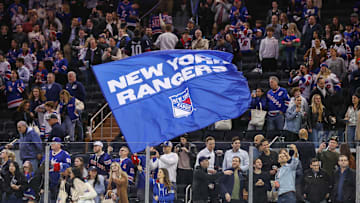 Apr 17, 2025; New York, New York, USA;  New York Rangers fans at Madison Square Garden. Mandatory Credit: Wendell Cruz-Imagn Images