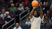 Mar 17, 2025; Dayton, OH, USA; North Carolina Tar Heels guard Ian Jackson (11) shoots the ball during the First Four Practice at UD Arena.