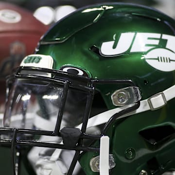 Aug 15, 2019; Atlanta, GA, USA; New York Jets helmet on the sideline against the Atlanta Falcons in the second half at Mercedes-Benz Stadium. Mandatory Credit: Brett Davis-Imagn Images